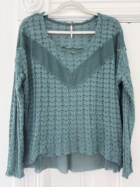 Free People Teal Mesh and Lace Knit Long Sleeve Top
